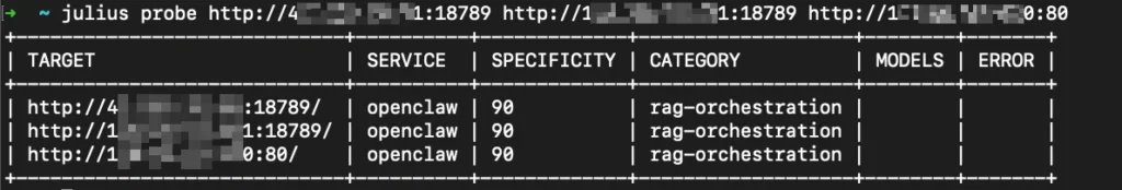 Terminal output of the Julius probe command detecting three OpenClaw instances across different IP addresses, each identified with 90 specificity and categorized as rag-orchestration