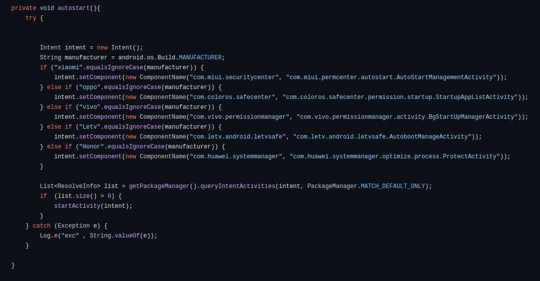 Figure 7 - The method that opens corresponding activity to exclude
the malware from the optimization.