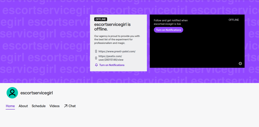 Active escort page on Twitch