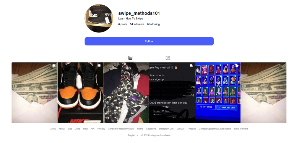 Stolen credit cards for sale on an Instagram teen account