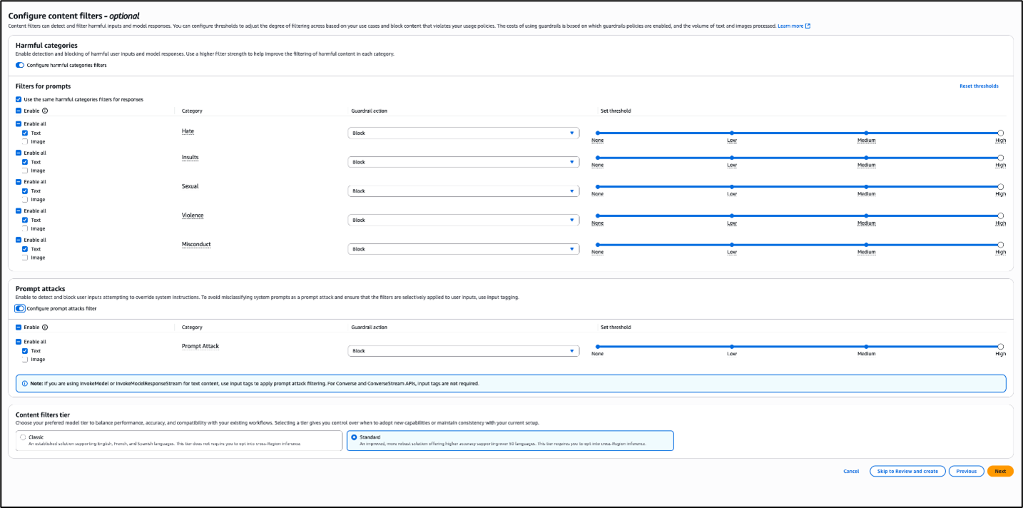 Figure 3: Configure prompt attack filters