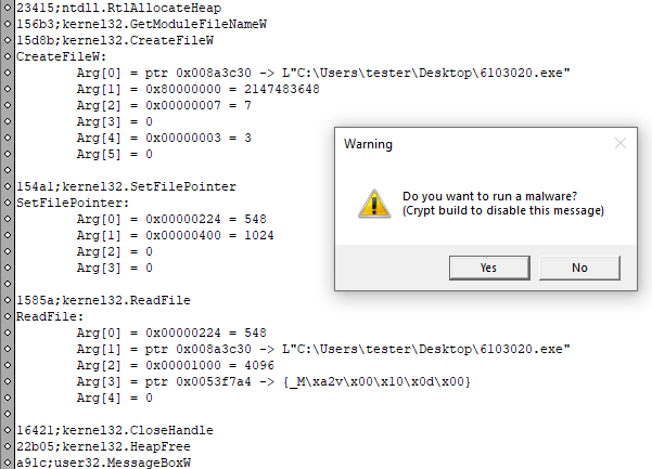 Figure X – Tracing an unpacked Rhadamanthys with TinyTracer; tracelog
of executed APIs in the background