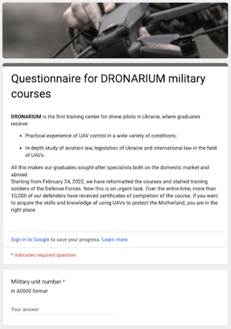 UNC5125 Google Forms questionnaire purporting to originate from Dronarium drone training academy
