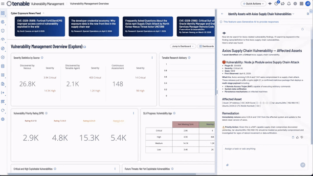 Using Tenable Hexa AI agentic AI to determine if malicious versions of Axios npm package compromised in supply chain attack are in your environment