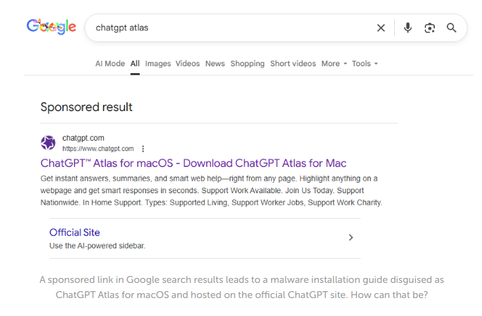 sponsored ad for ChatGPT Atlas which looks very real