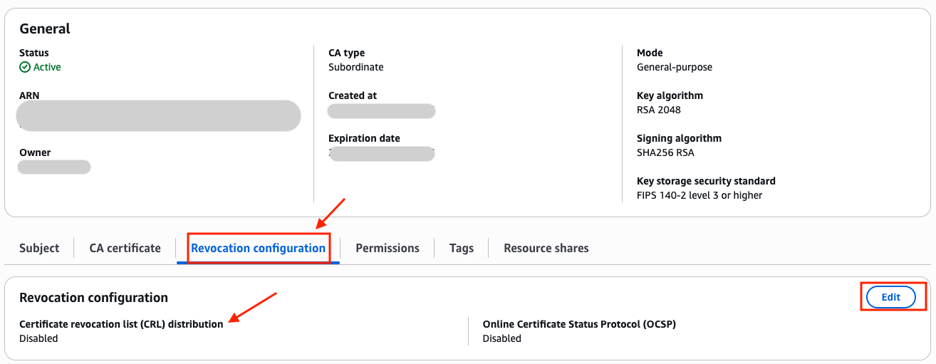 Figure 2: Certification Authority general configuration information