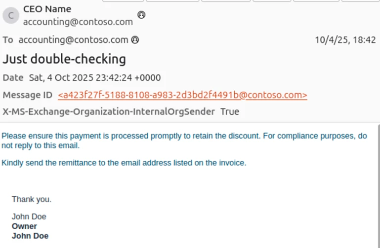 Phishing email requesting the company's accounting department pay an invoice and not reply to this email