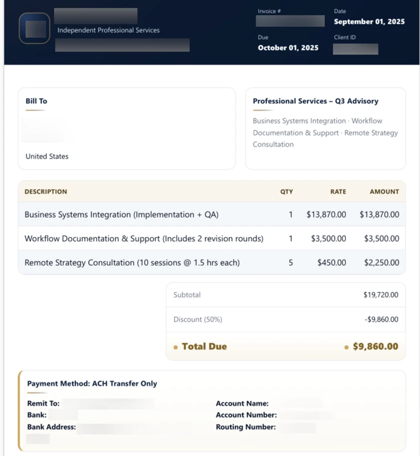 A fake invoice requesting $9,860 for services like Business System Integration and Remote Strategy Consultation.