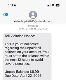 Mobile phone screen displaying example of a text scam involving a toll violation.