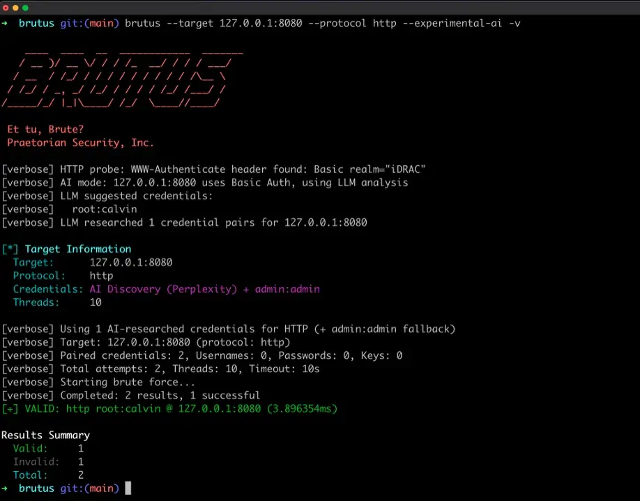 Brutus verbose output showing AI-powered credential identification against a simulated iDRAC appliance