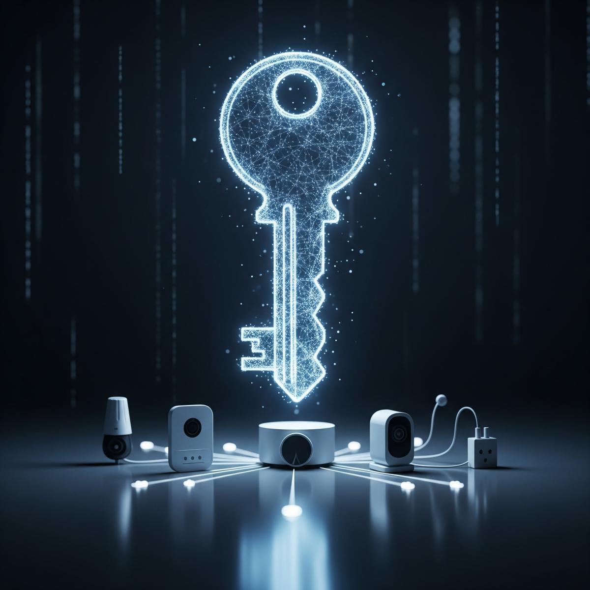 Image showing a digital vertical key pointing to the floor where there are five different IoT devices