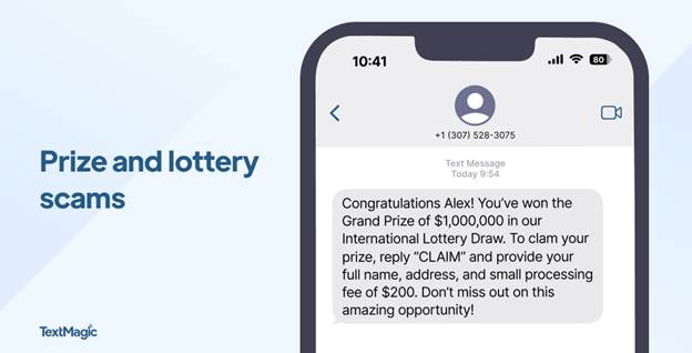 Screenshot of mobile phone screen displaying an example of a fake prize win.