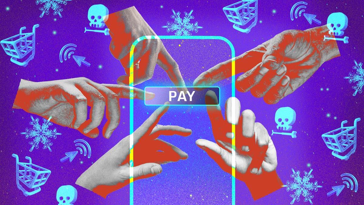 hands are arranged around a pay button in the cener of a phone with winter icons in a pattern-like background of skulls, snow flakes, shopping carts