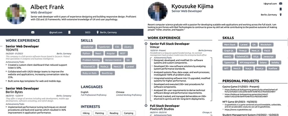 Two resumes for different individuals using the same profile image with different backgrounds