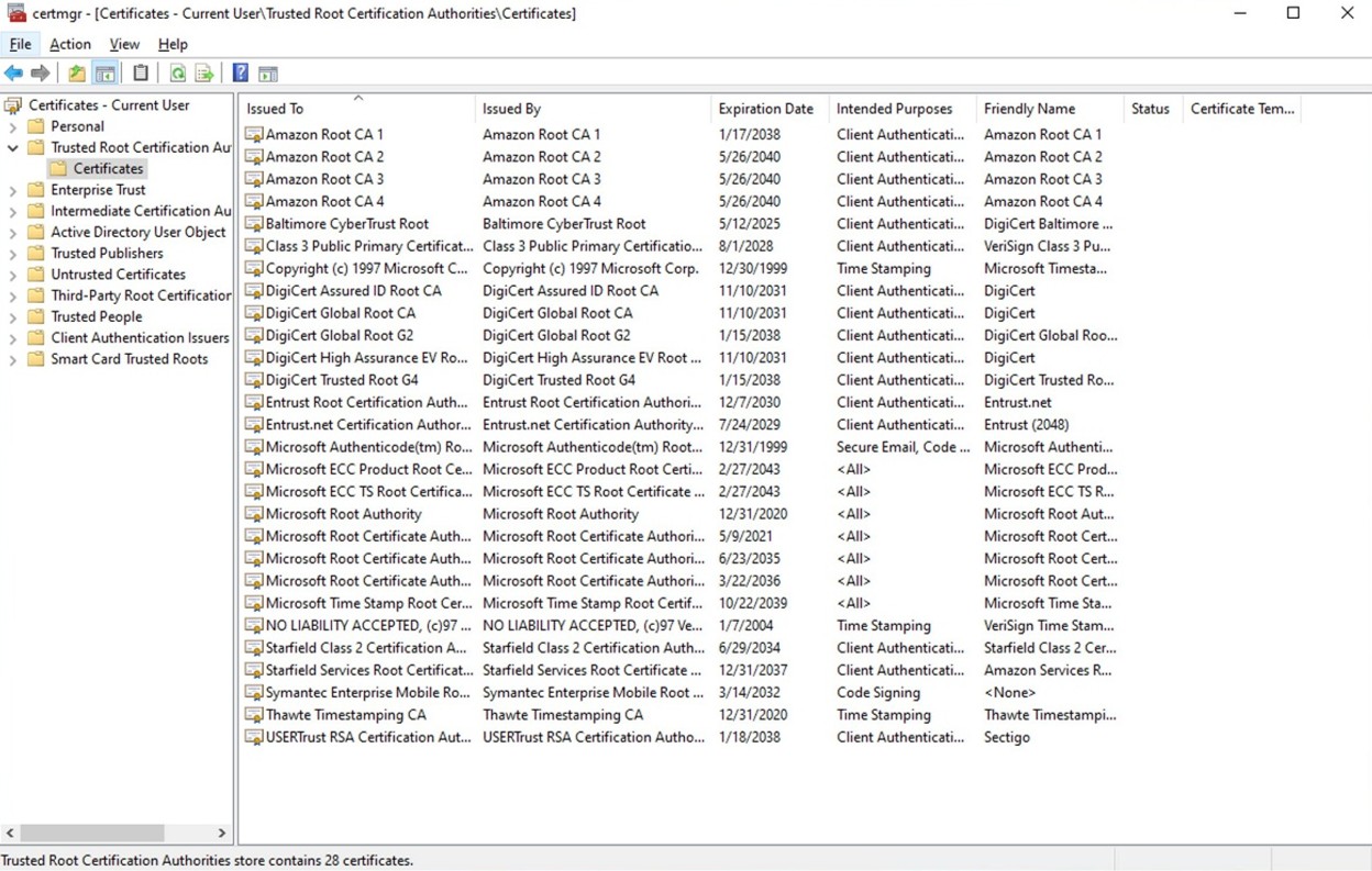 Figure 2: Windows certificate store: Trusted Root Certification Authorities