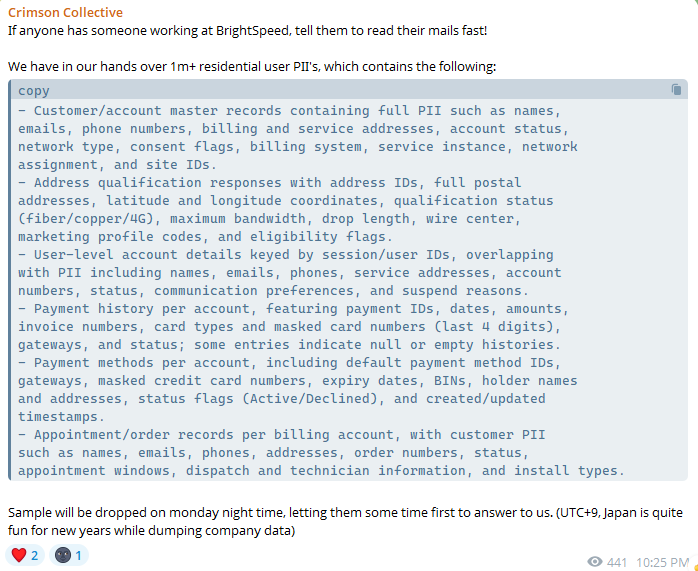 Telegram post Crimson Collective about Brightspeed