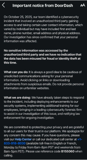 Image of DoorDash email about data breach.