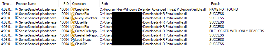 Figure 4 - Windows Defender SenseSampleUploader.exe component search
for xmllite.dll, resulted in it loading from the archive folder.