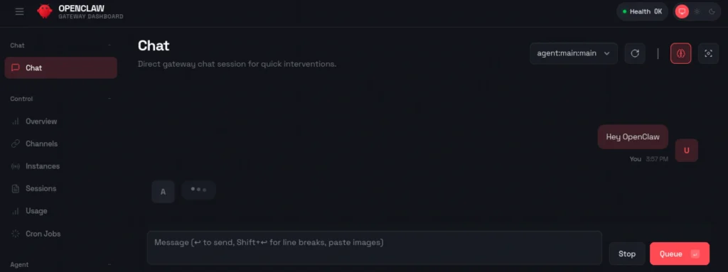 Screenshot of an exposed OpenClaw Gateway Dashboard showing the chat interface, left-hand navigation with Control and Agent menus, and a Health OK status indicator