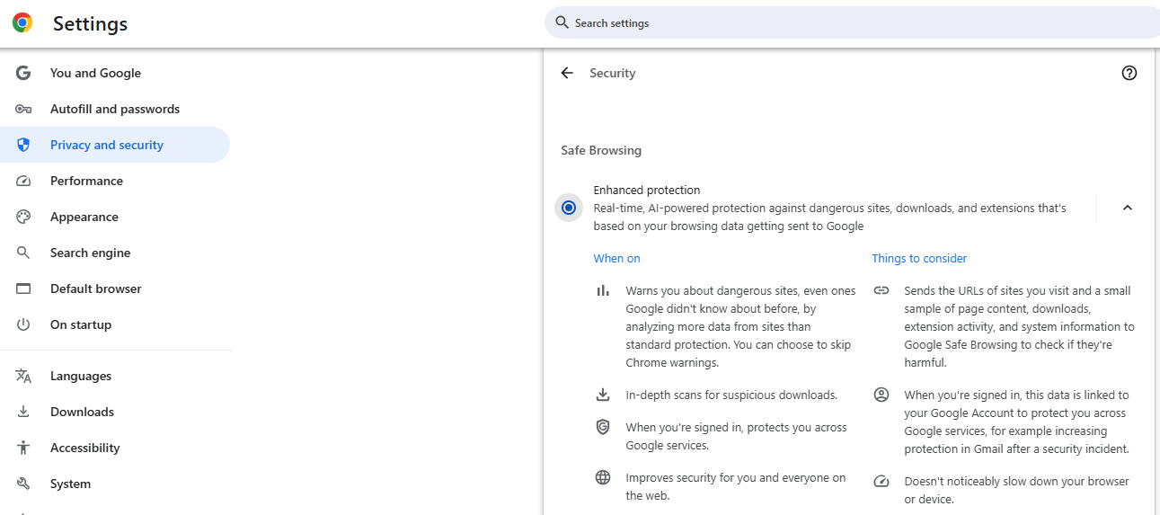Safe Browsing settings