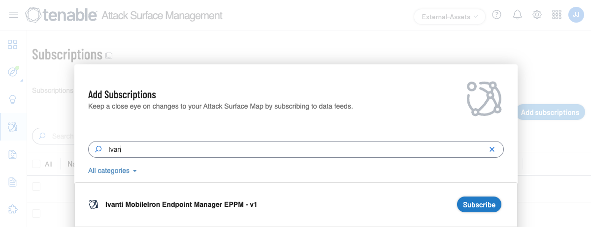User interface of the Tenable Attack Surface Management showing an Add Subscriptions dialog including a subscription for Ivanti MobileIron Endpoint Manager