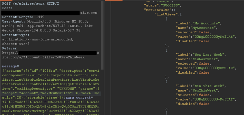 Excerpt of response for the getInitialListViews method