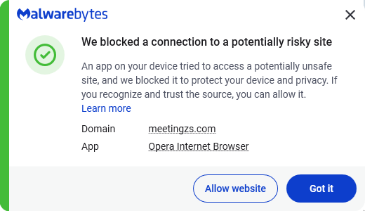 Malwarebytes blocks meetingzs[.]com