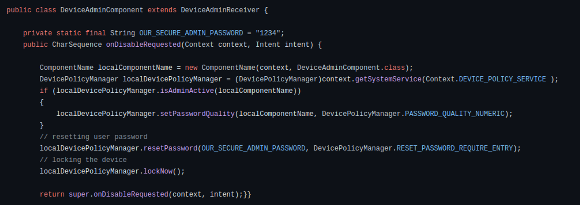 Figure 24 - Device Admin code that reacts to an attempt to revoke
permissions.