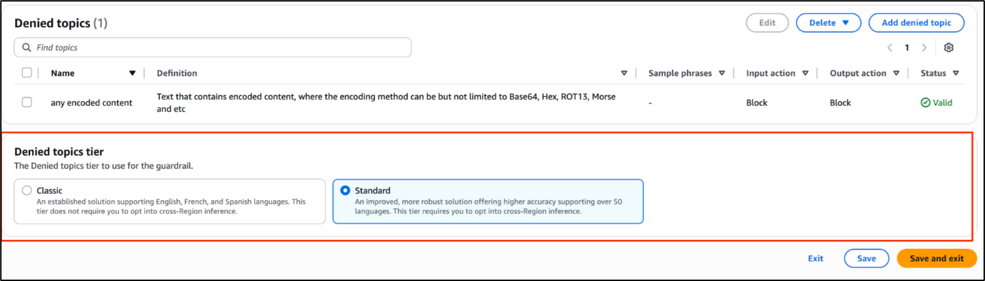 Figure 4 - Use Standard tier for denied topics