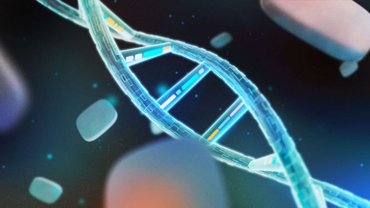 a double helix floats through a dark space specled with small particles and floating mobile apps