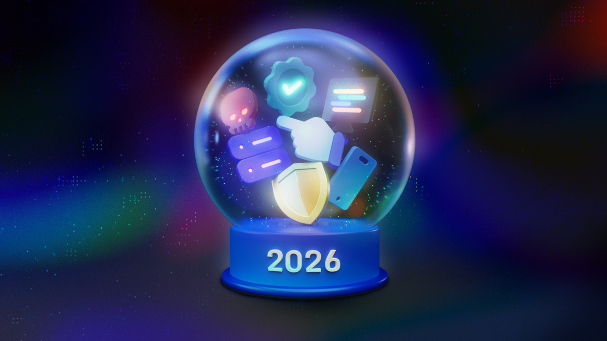 a 3D rendered snow globe contains mobile app security icons all balncing and glowing inside all surrounded by a grid speckled space-like background with dark gradient overtones