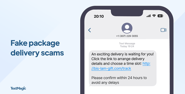 Screenshot of mobile phone screen displaying an example of a package delivery scam.