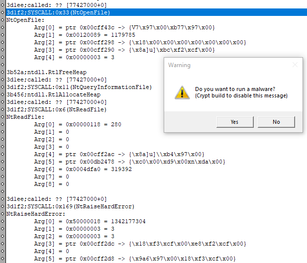 Figure X – Tracing an unpacked Lumma with TinyTracer; tracelog of
executed APIs in the background