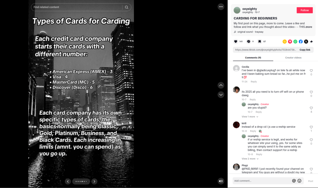 Carding for beginners content on a TikTok adult account, accessed by kids with a fake date of birth.