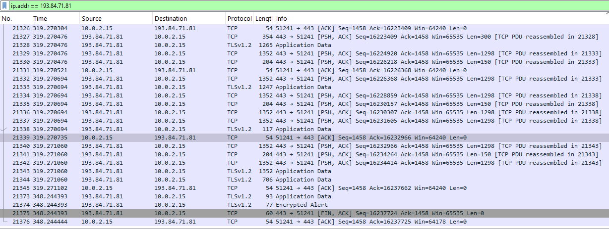 Figure X - The view from Wireshark showing the communication with the
C2. The C2 address is the same as the one set in the configuration.