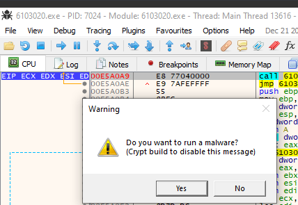Figure 4 - Unpacked Rhadamanthys sample showing the message box (view
from x64dbg)