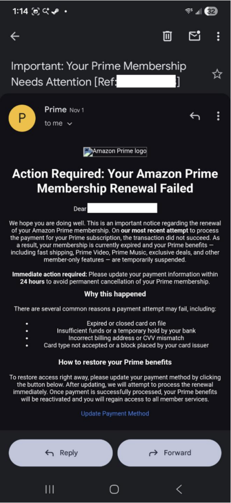 An example of a phishing attempt this holiday season.