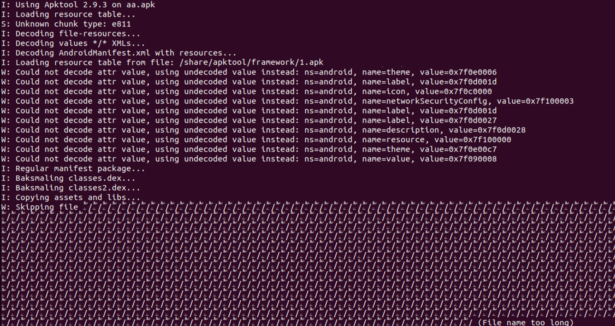 Figure 15 - Warnings in Apktool that indicate usage of various
evasions.
