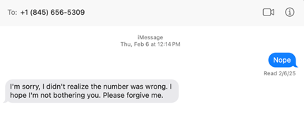 Text showing an example of a text scam involving a fake wrong number.